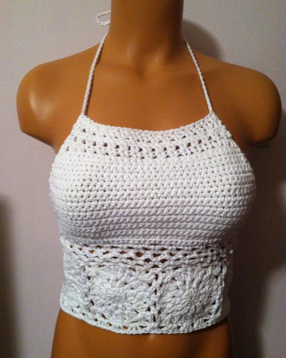 Vikni Crochet White Halter Top High Neck Crochet Crop Top by vikni