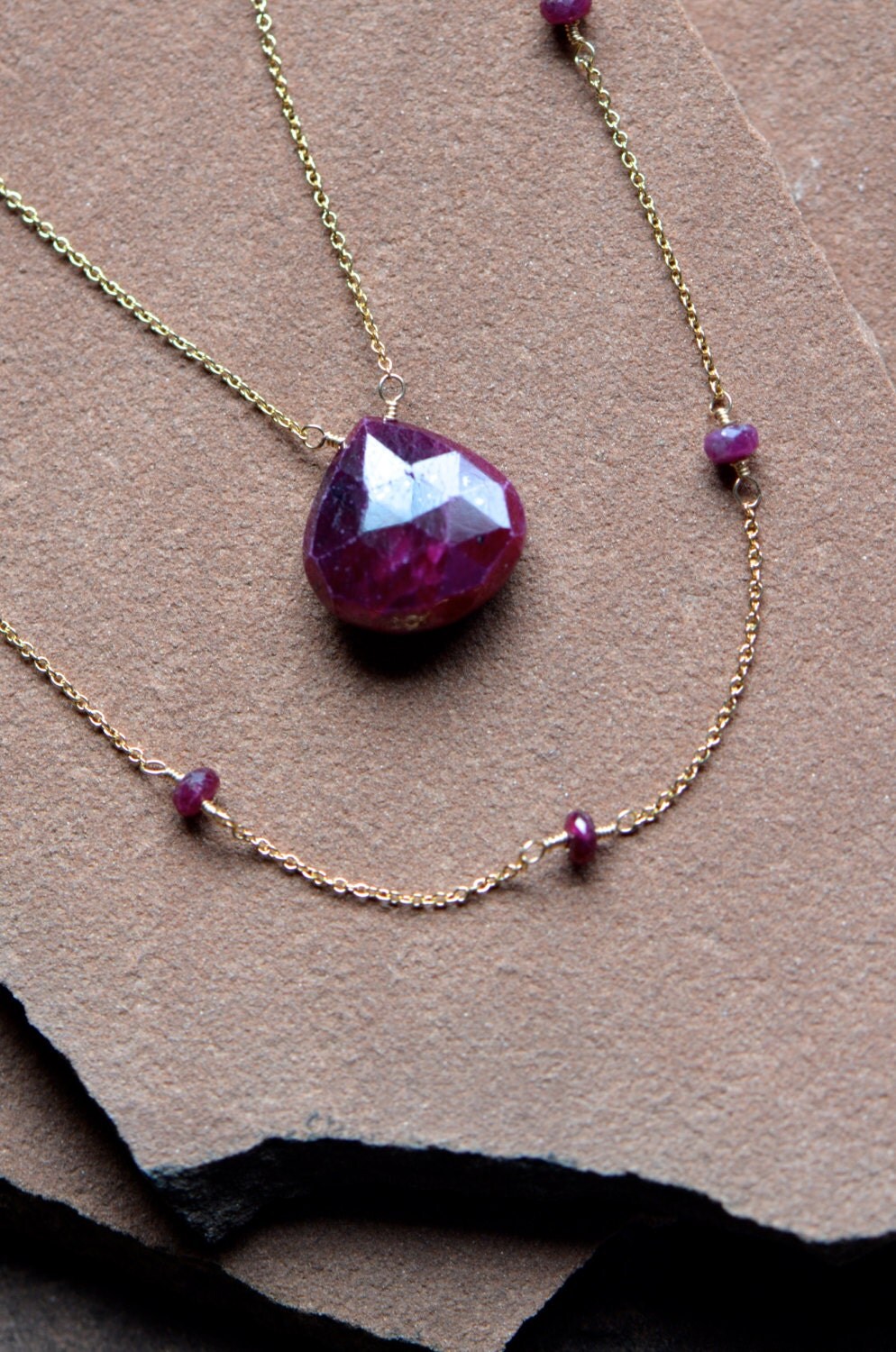 Natural Ruby Necklace Raspberry Red Teardrop Gemstone by gewgaws