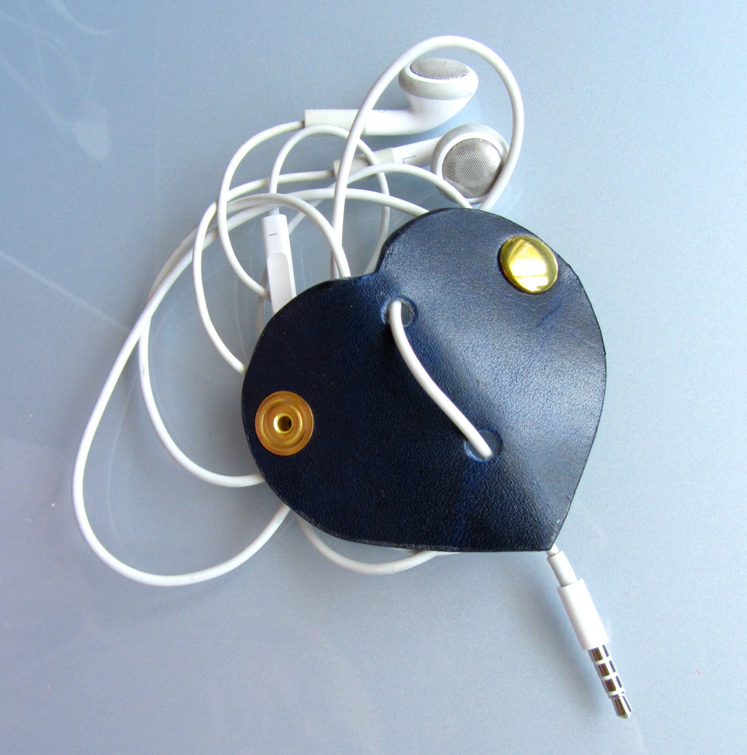 Leather earbud / earphone / cable organizer in dark blue