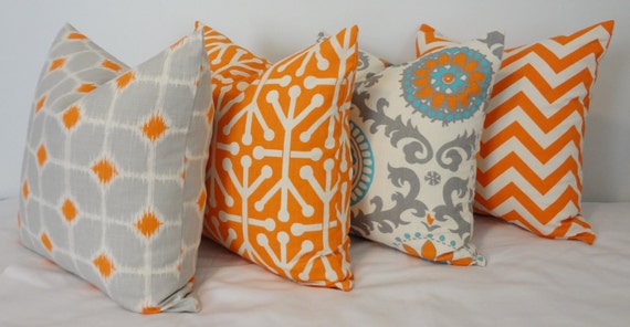 Pillow Set of 4 Turquoise Blue Grey Orange Ikat by HomeLiving