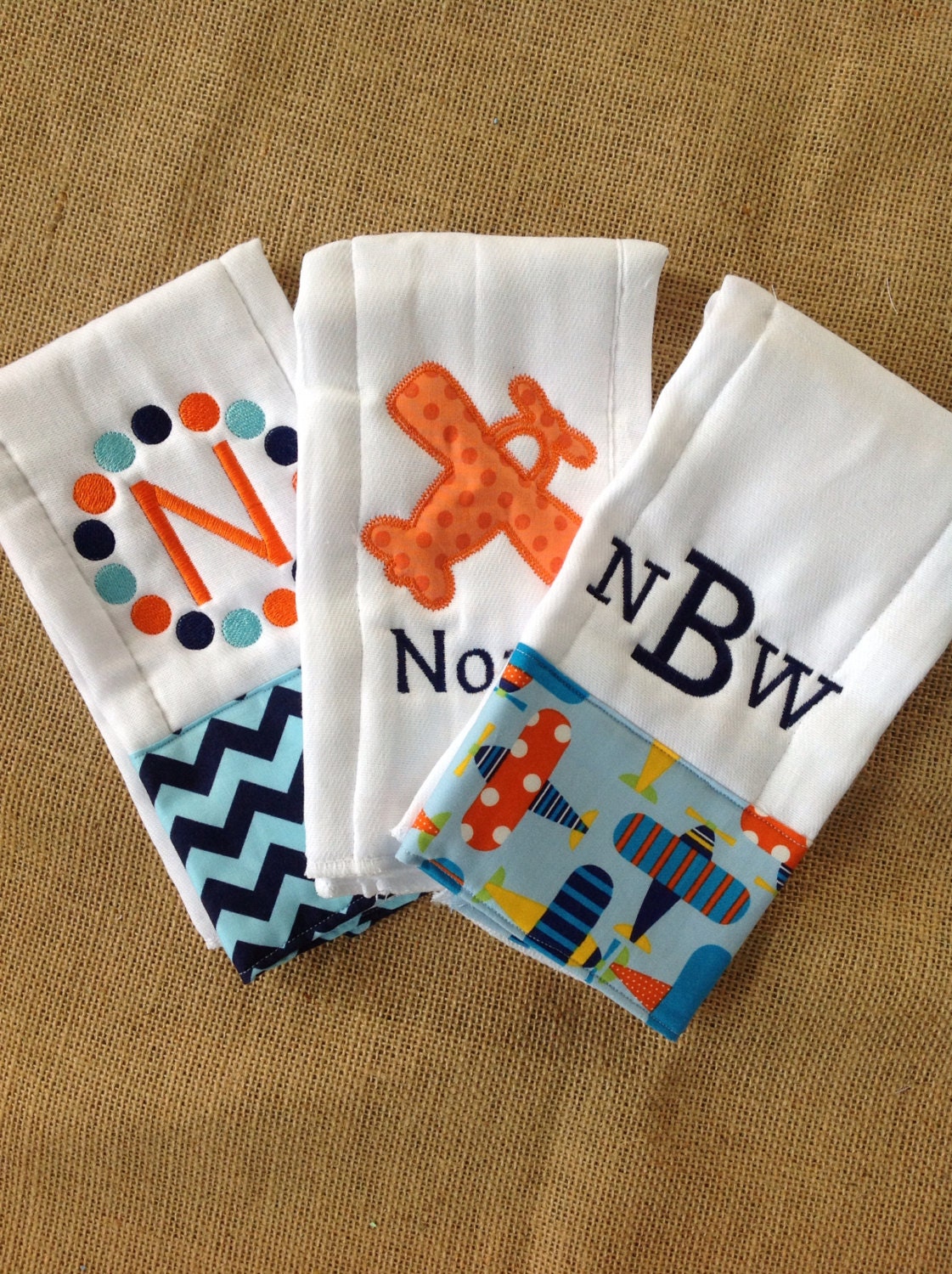 Set of 3 Personalized Burp Cloths Diaper Cloths Baby Boy