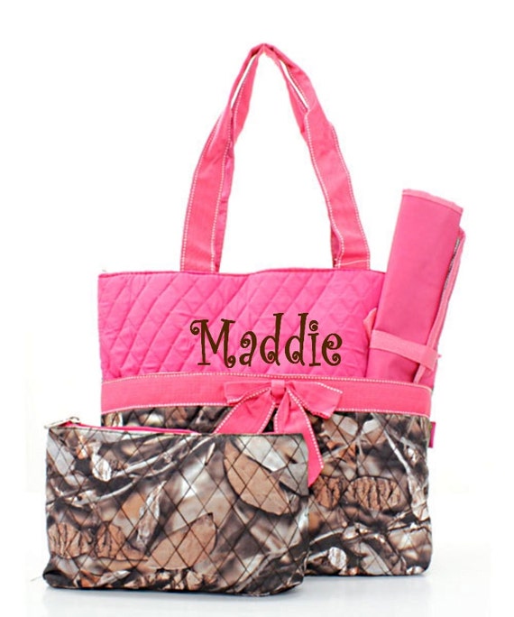 Personalized Diaper Bag Set Camo and Hot Pink Quilted