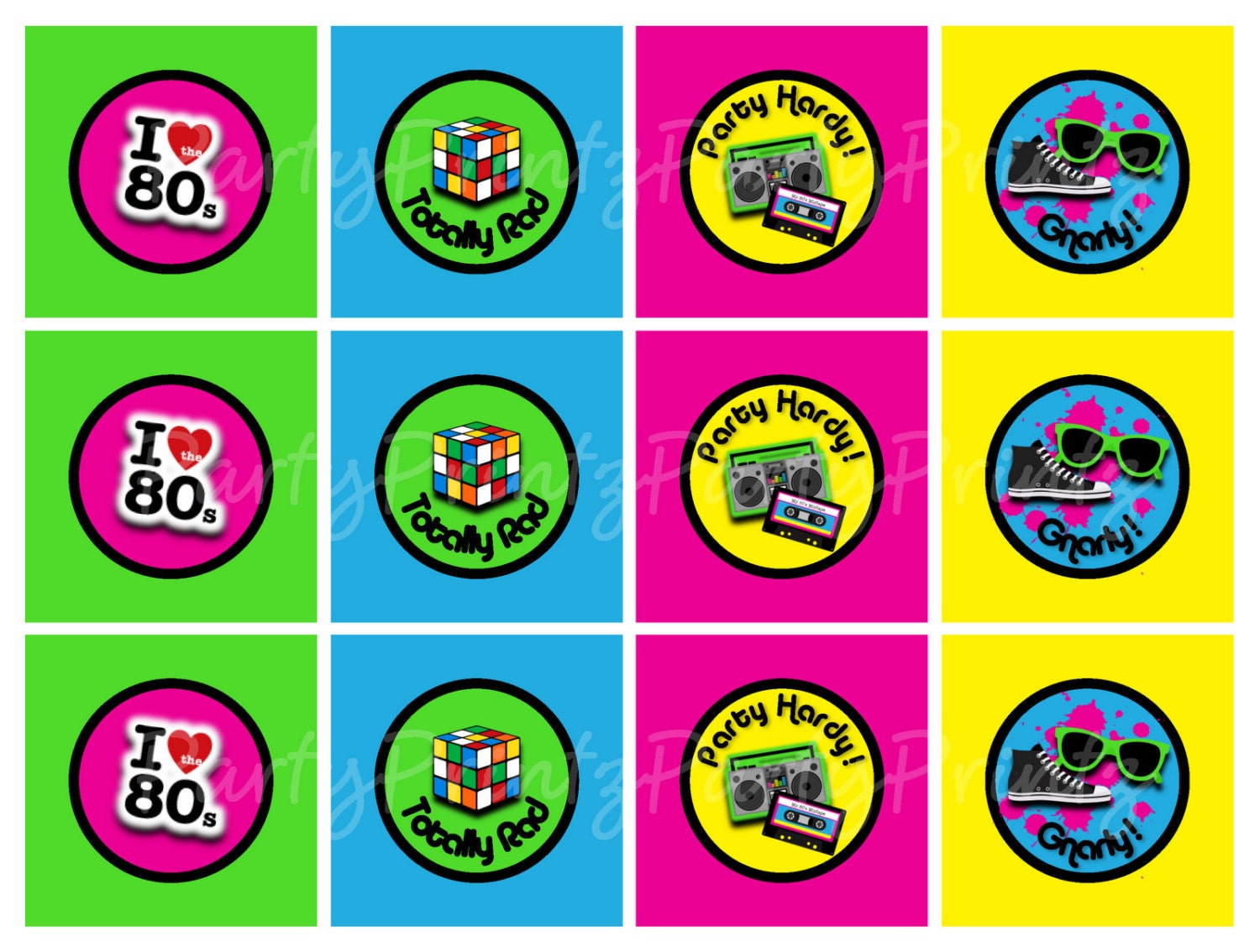 INSTANT DOWNLOAD Printable 80's Cupcake Toppers