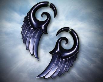 Dark Angel Wings, Fake Gauge, Handmade, Organic, Tribal Jewelry, Split, Cheaters, Eco-Friendly, Black Horn Earrings - H20