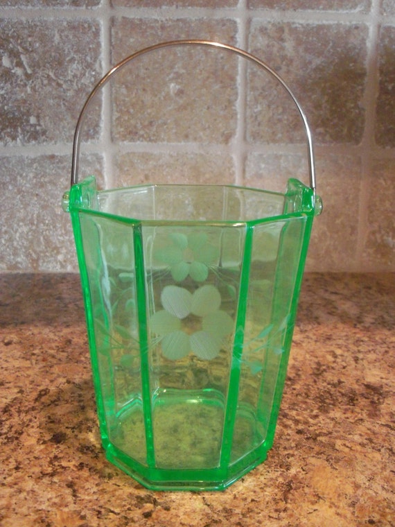 Vintage Green Depression Glass Ice Bucket w/Flower Design