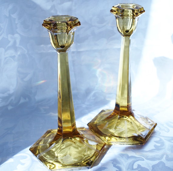 Yellow Cut Glass Candlesticks Tall