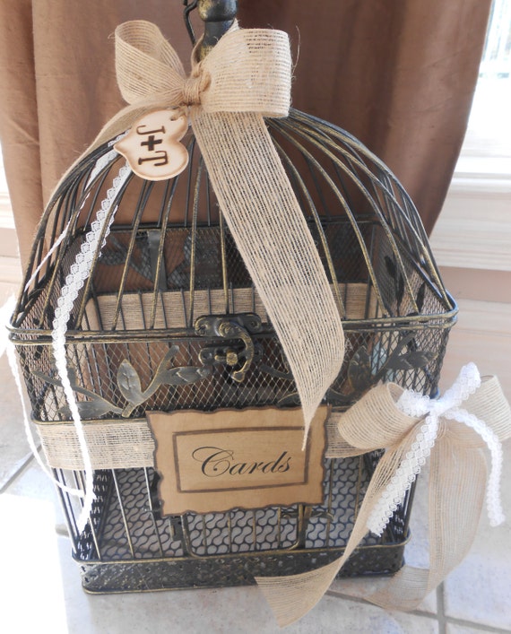 Large Burlap and Lace Rustic Wedding Card Holder / Birdcage
