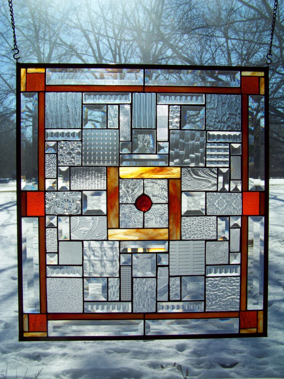Bevels Textured Clear & Orange Large Stained Glass Panel II