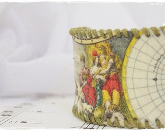 Victorian Bracelet, Leather Cuff Bracelet, Antique Decoupage Cuff, Old Map Leather Cuff Bracelet, Renaissance Leather Cuff, Leather Jewelry