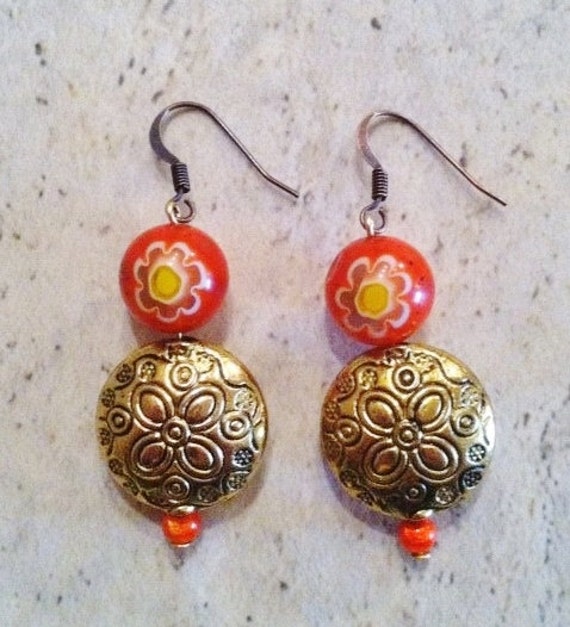 Items similar to Orange and Gold Beaded Earrings on Etsy
