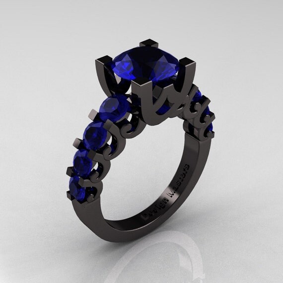 Modern Vintage 14K Black Gold 3.0 Carat Blue Sapphire Designer