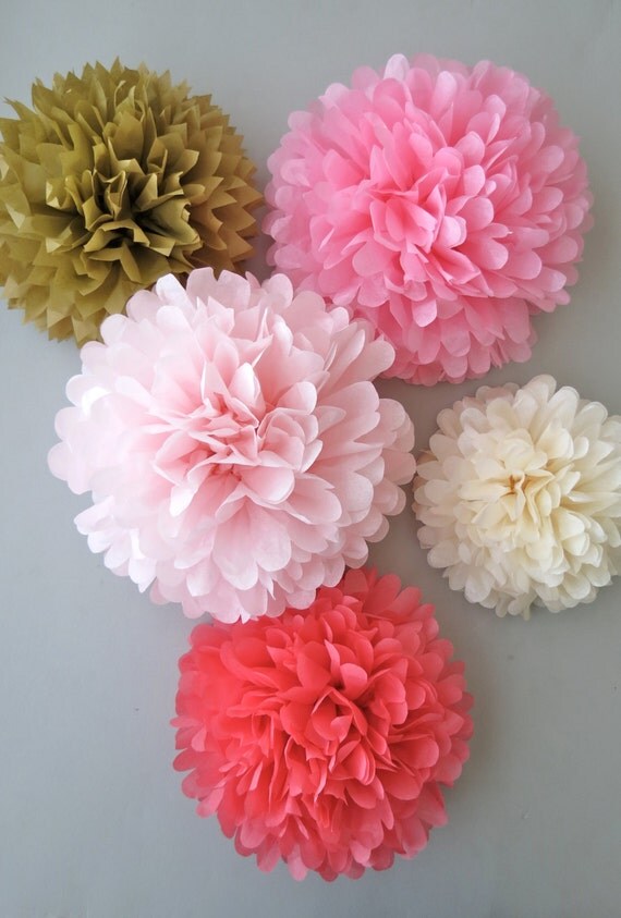Items similar to Boho Chic Tissue Paper Pom Poms 5 Piece Collection Weddings Bridal Shower
