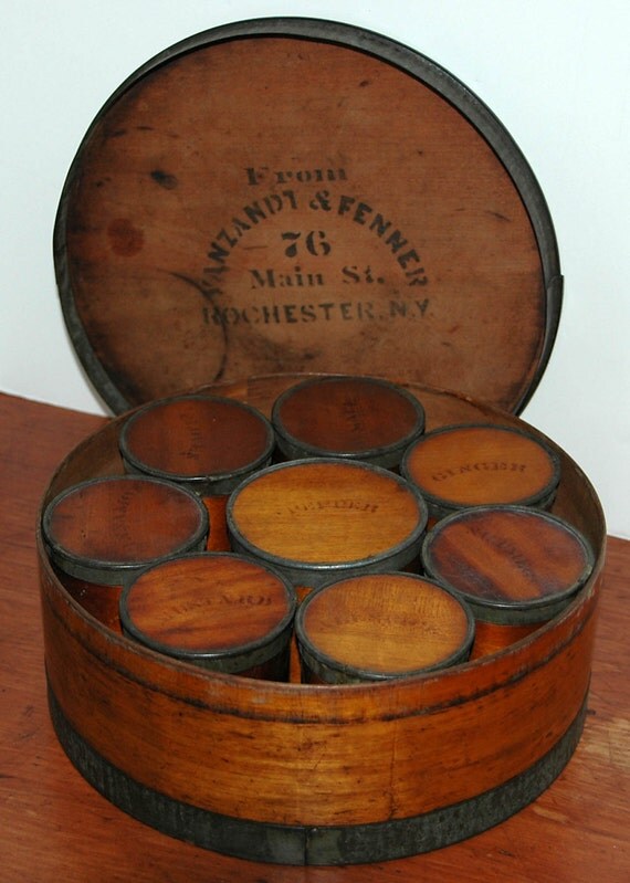 Antique BENTWOOD SPICE BOX 19th Ca Round w/ 8 Stenciled Tin