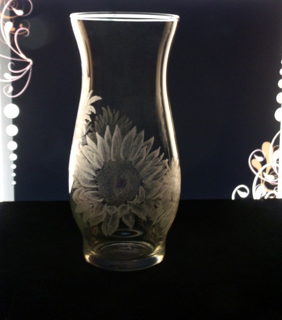Sunflower engraved glass vase clear hand engraved