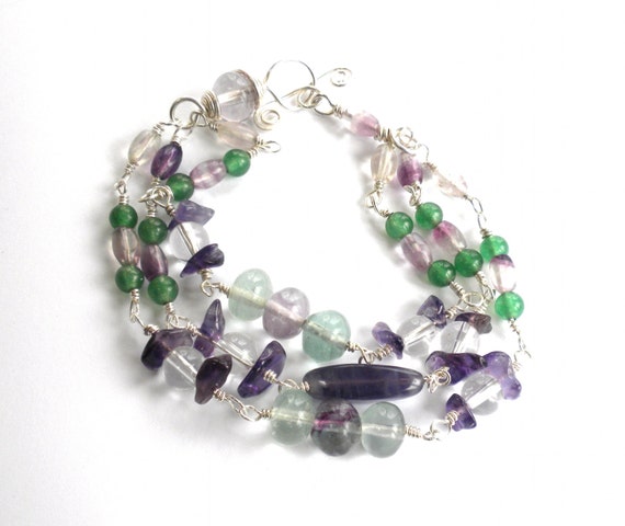Three Strand Sterling Silver Bracelet with Purple Green and