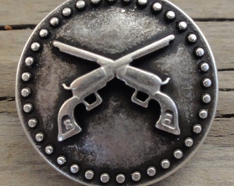 2 Metal Buttons Large Pistols Antiqued Silver - Shank - 3/4"