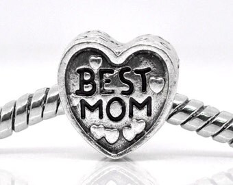 5 Best Mom Beads - Silver Hearts - 11mm - Ships IMMEDIATELY from California - B593