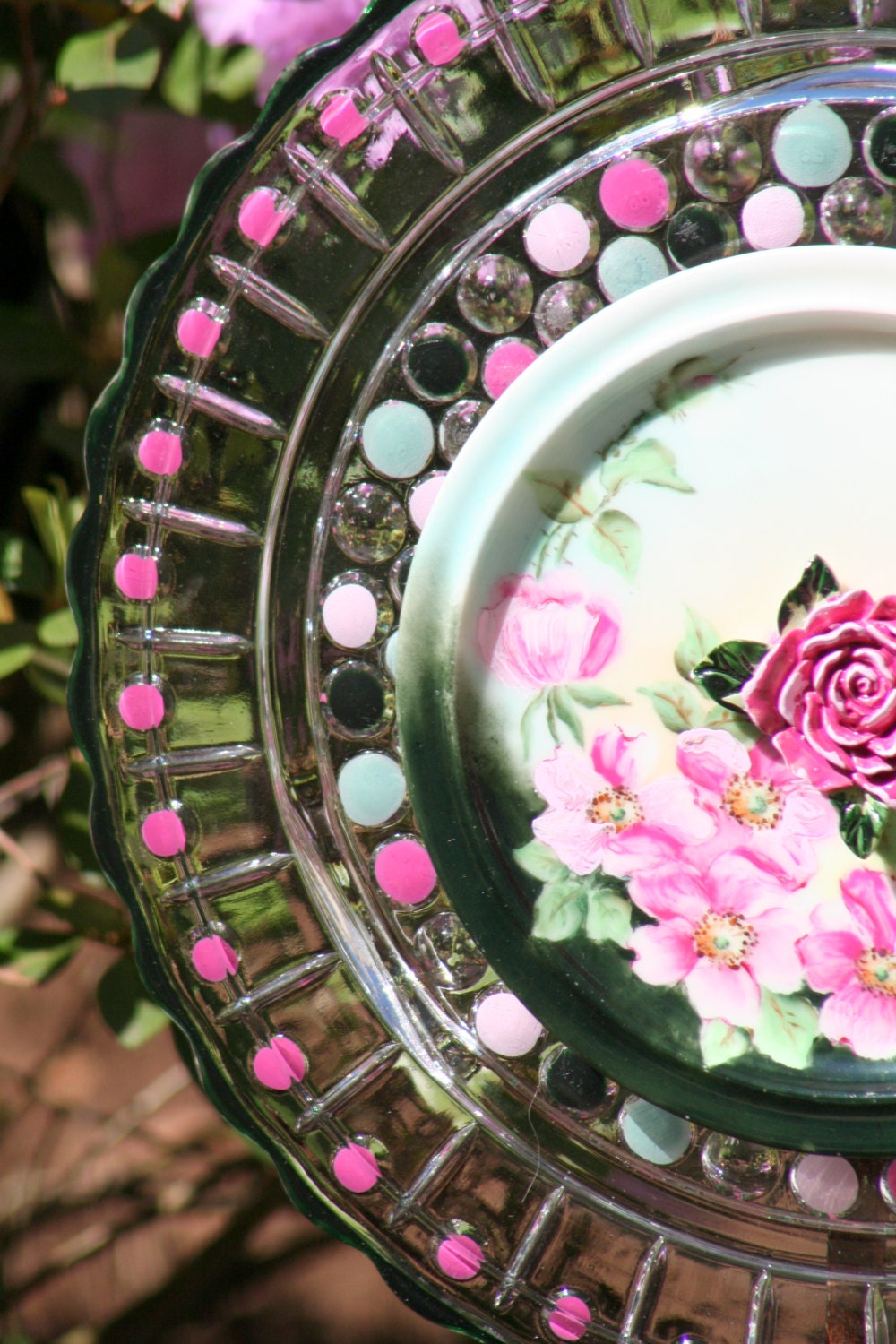 Glass Plate Garden art and Yard art with recycled glass on