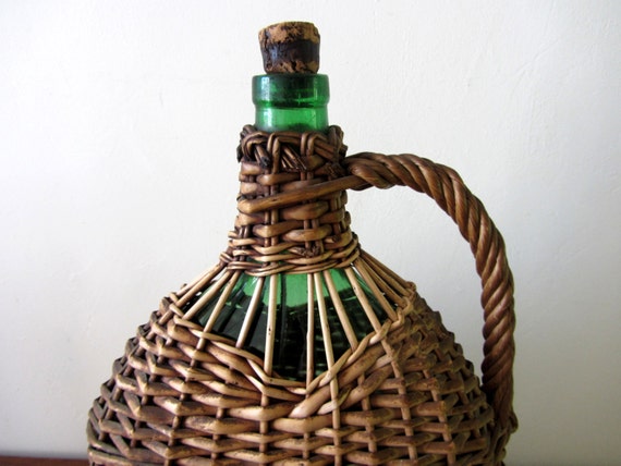 Large Antique French Wicker Covered Wine Bottle Home Decor