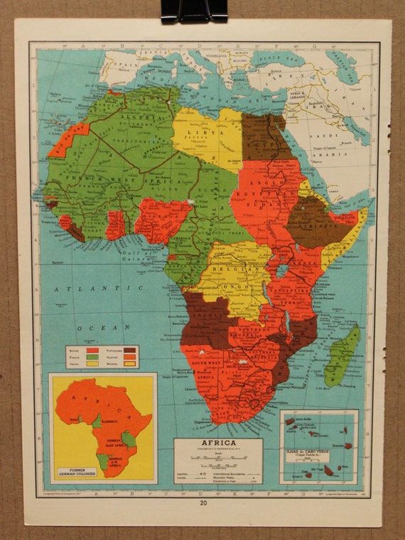 Items similar to Vintage Map Africa Original 1944 Very Bright Colors on ...