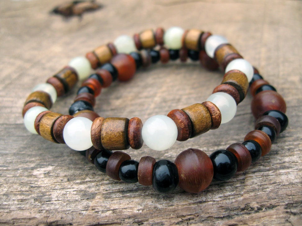 Mens bracelet stacking pair Jade horn wood and glass