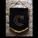 Antique French Religious Church Banner. Embroidered Black Silk Velvet, Yellow Silk Gothic Letter/s 'Cc'. Bullion Tassels, Braid.