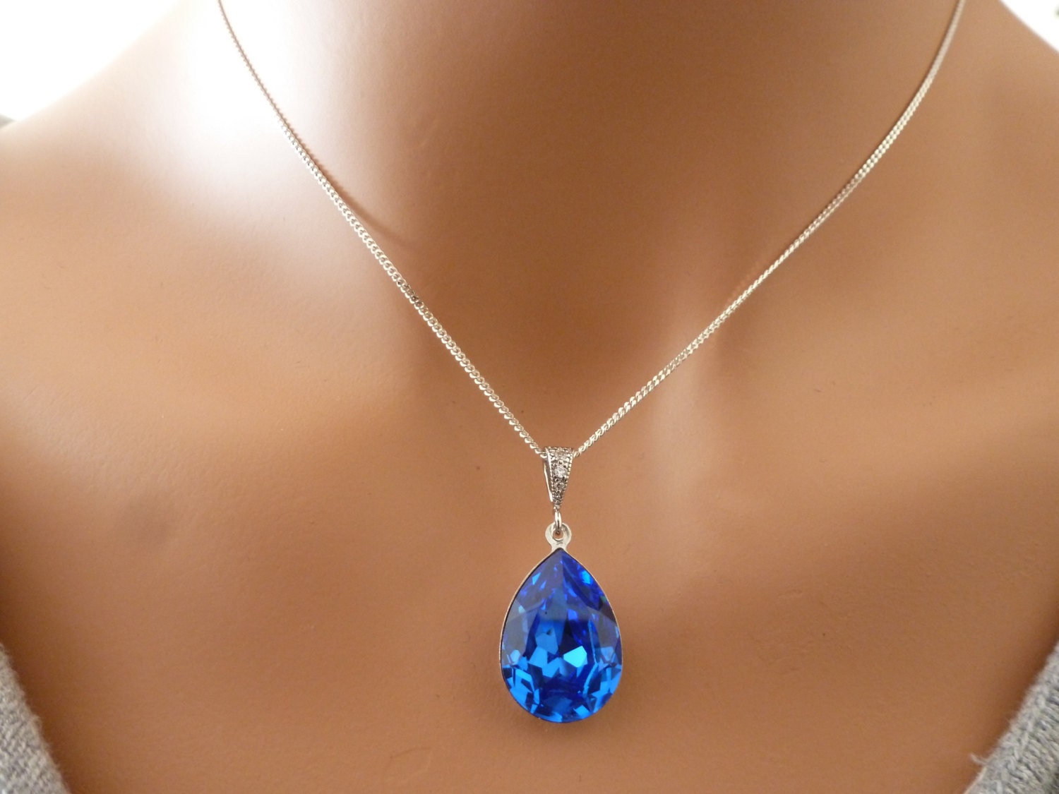 Blue Sapphire Necklace Teardrop Blue Necklace by MyTinyStarShining