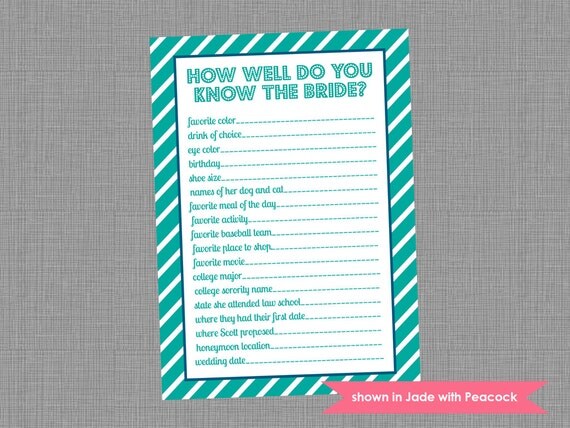 Printable Bridal Shower Game - Shower Themed Diagonal Stripe Know the Bride Game - Colors and Text Customizable Il_570xn