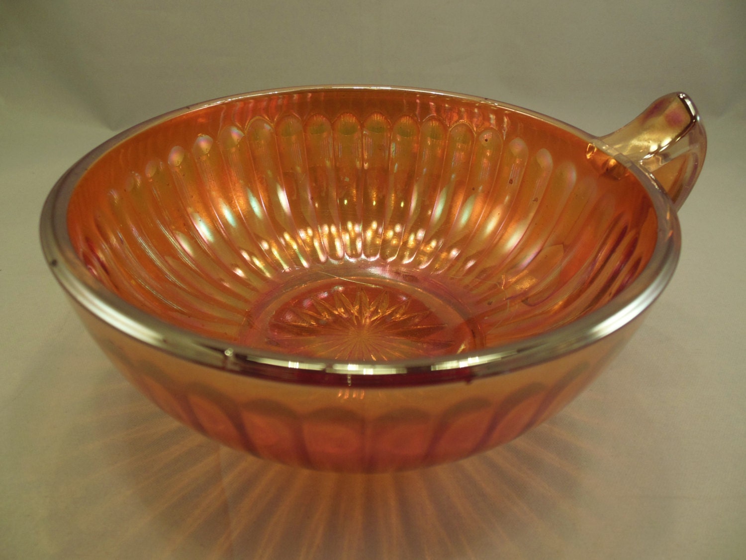 Marigold Carnival Glass Handled Bowl Iridescent Amber Fluted