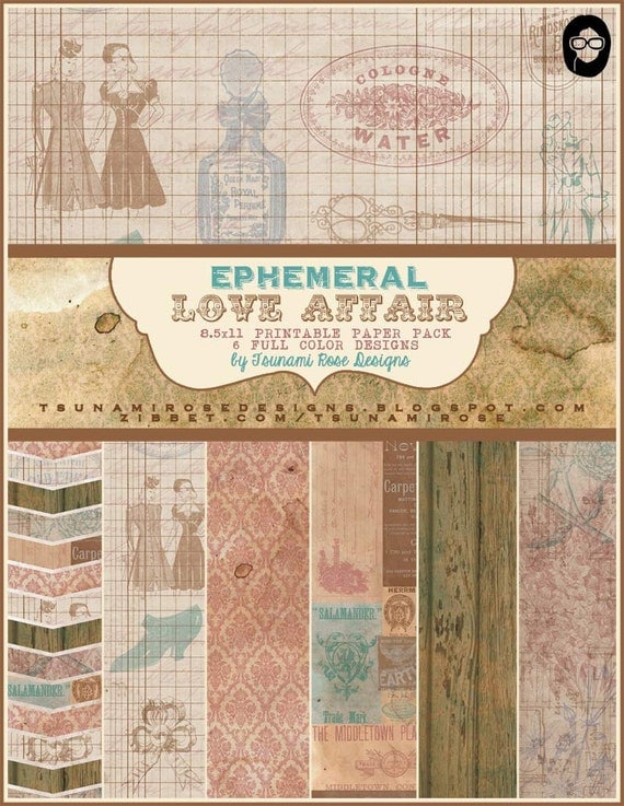 8.5x11 Vintage Digital Printable Scrapbook Paper- "Ephemeral Love Affair" Paper Pack" INSTANT DOWNLOAD