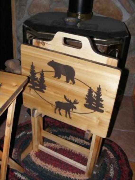 Set of Two Wood TV Tray tables and Rack Moose and Bear Pine