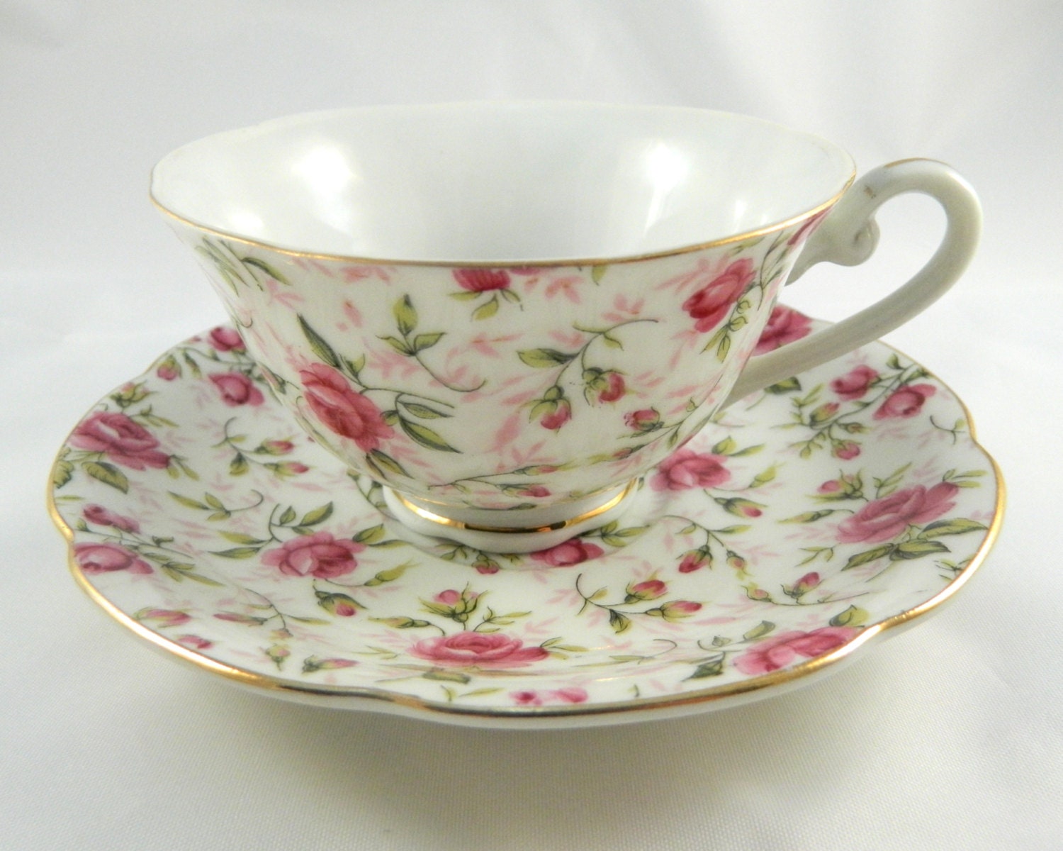 Lefton Rose Chintz China Cup Saucer Pink Roses Green Leaves