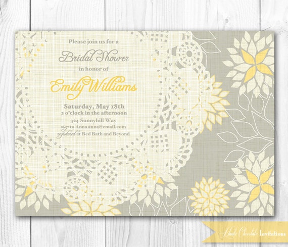 Burlap & Lace Vintage Bridal Shower Invitation - Yellow and Gray. DIY Printable Bridal Shower or Baby Shower Invitation. Il_570xn