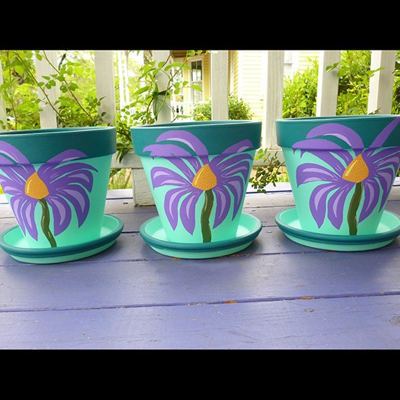 Items similar to Purple Painted Flower Pots With Whimsical Cone Flowers ...