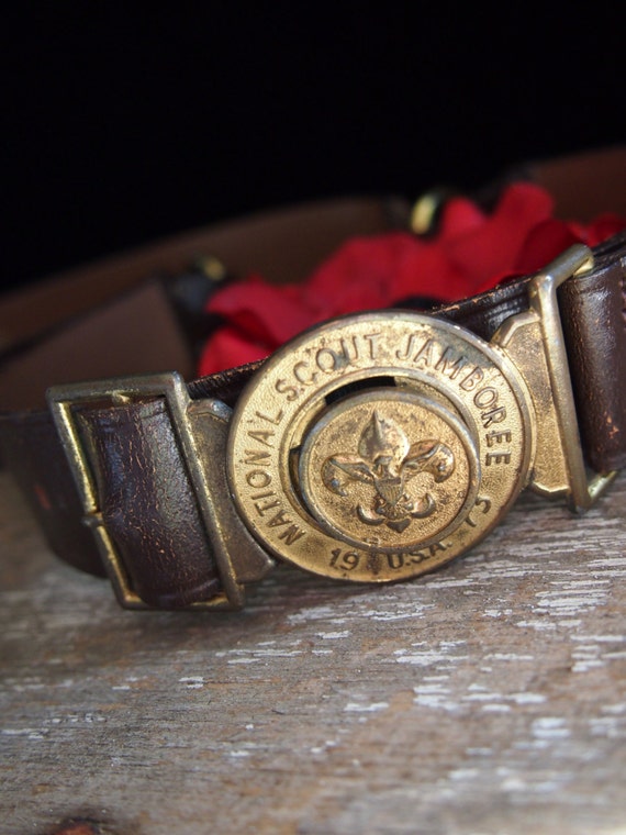 Vintage Boy Scout belt Jamboree brown leather brass buckles
