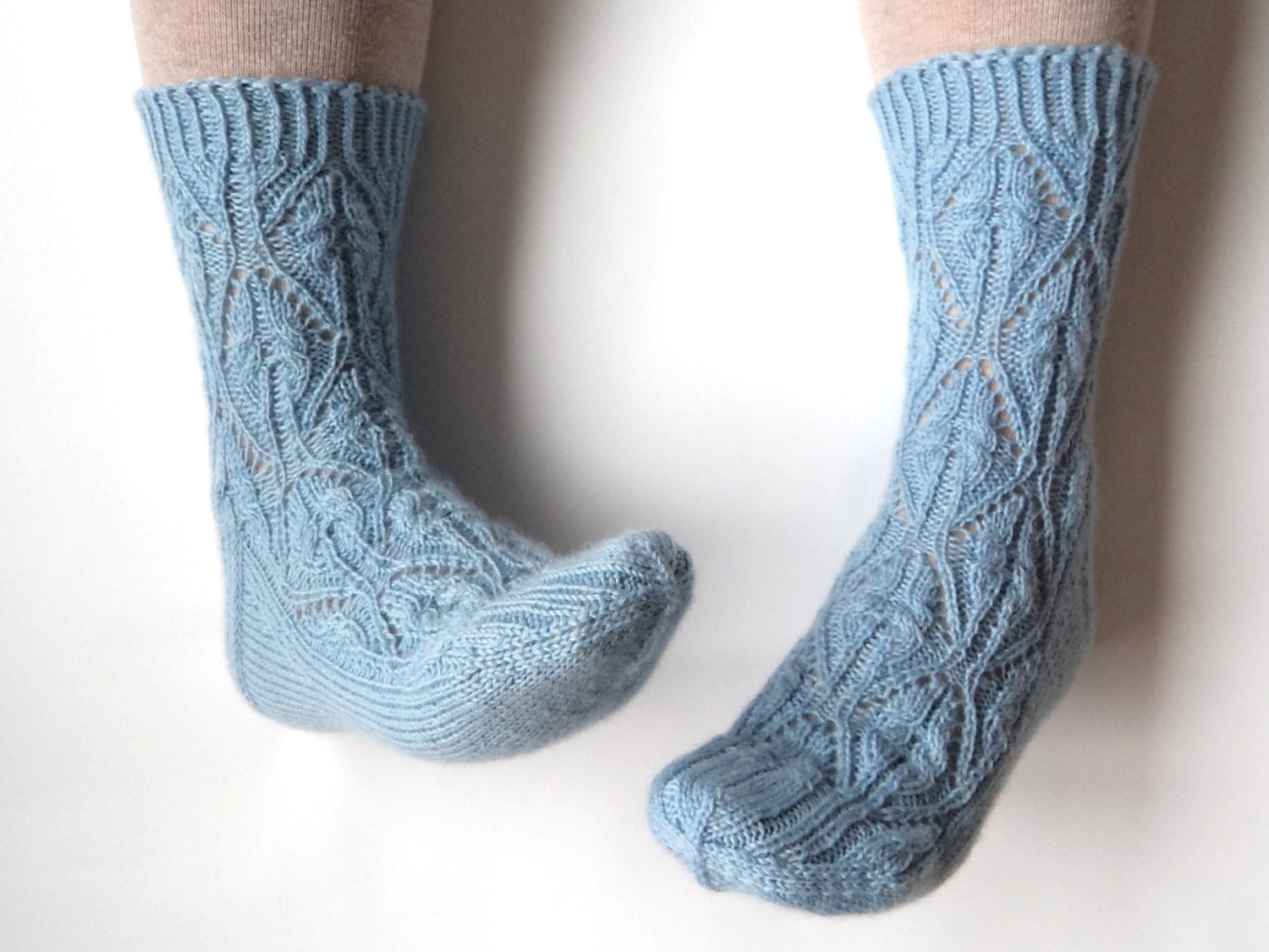 Heavenly soft blue wool socks. Lace socks. Pastel blue lace.