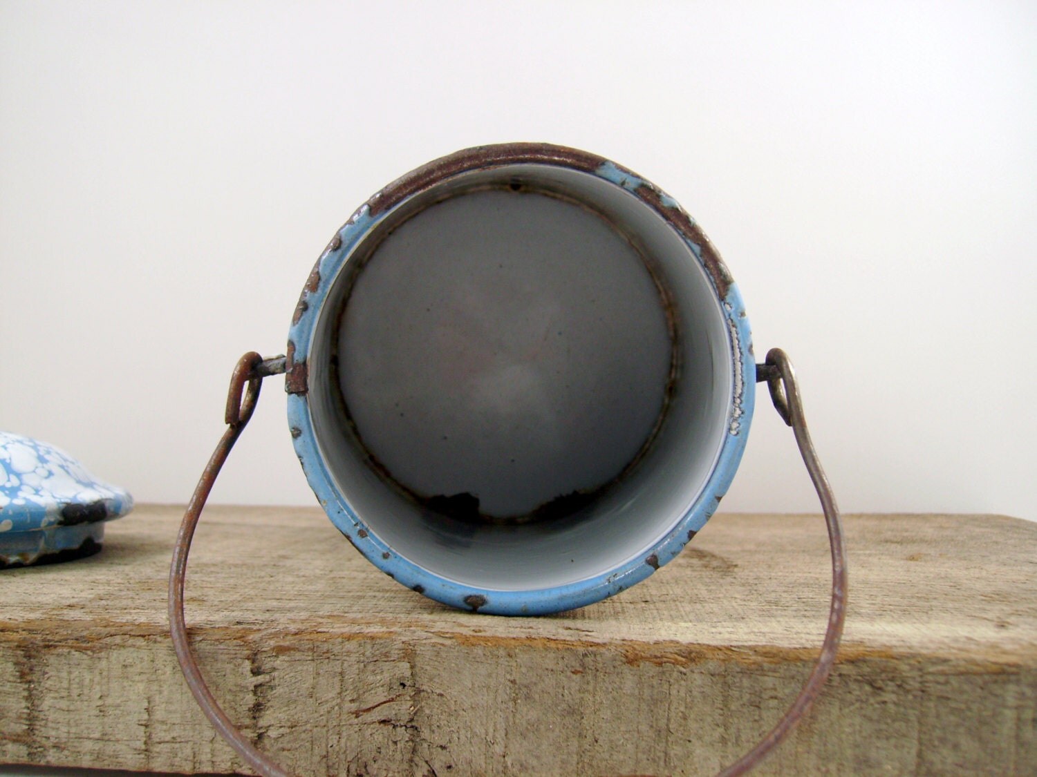 Vintage French enamel milk pot blue enamel pot vintage