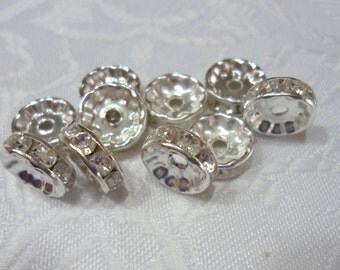 239 Perles strass en laiton, clair, couleur métal argenté, 10mm de diamètre, 10 pièces