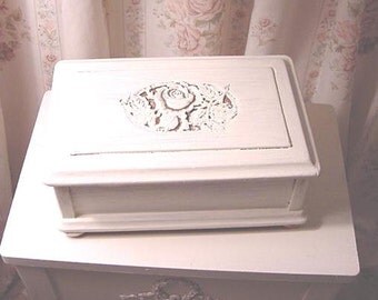 Box Carved Roses Painted Wood Cottage Farmhouse Prairie Chic