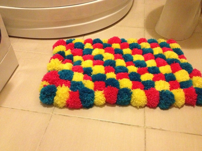 Blue pink yellow Pom Poms Bath Mat Bathroom by NesrinArt on Etsy