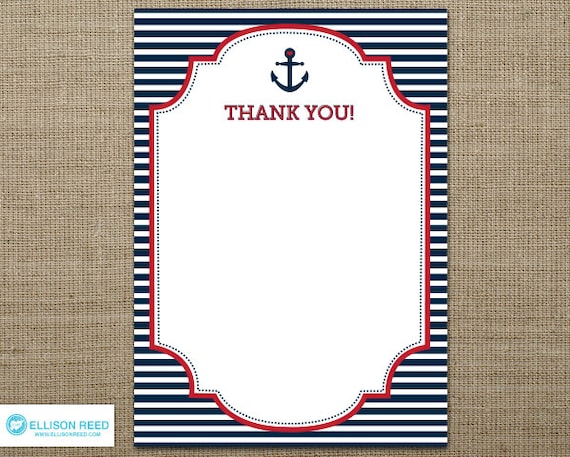 Nautical Printable - Nautical Baby Shower - Nautical Thank You Note - Ahoy - Anchor - Nautical Birthday - Navy - Stripes - red Il_570xn
