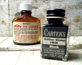 Liquid Ink and Ink Eraser Bottles, Desk Supplies, Vintage Office, Home and Office Supplies, Industrial