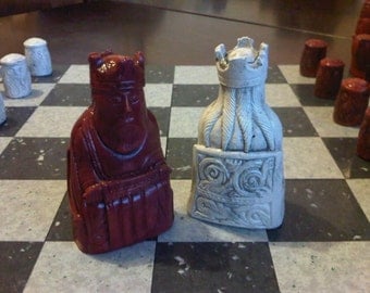 Classic Isle of Lewis Chess Set - Moroccan Red and Antique Stone with 2 extra queens and optional Vinyl Chess Board