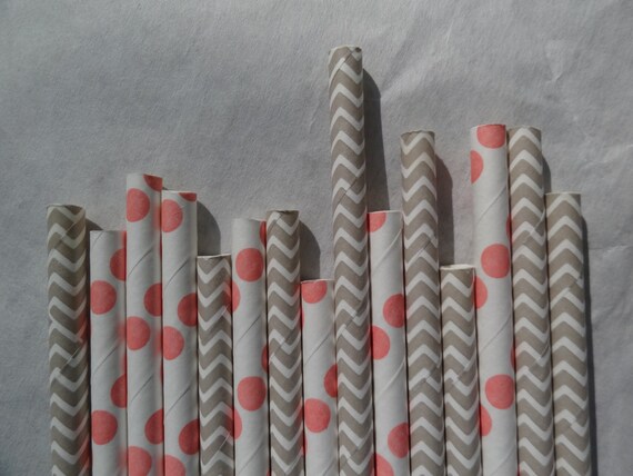 Chevron & Dot Paper Straws, Coral and Grey, 50 Pack, Gray and Salmon Paper Straws Il_570xn