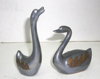 Set Of Two Vintage Small Metal Swan Statues