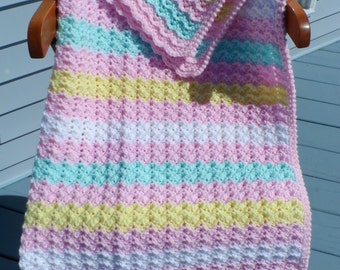 Crochet Baby Blanket, MADE TO ORDER, Pink, Yellow, Green & White ...