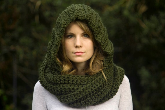 Hooded Scarf Scoodie Olive Green Crochet Hood Pixie