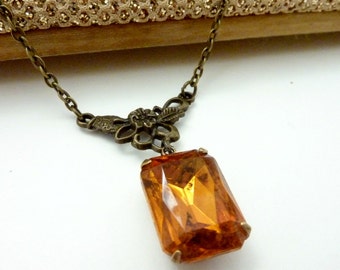 Amber Necklace Honey Topaz Necklace Vintage Rhinestone Estate Style jewelry
