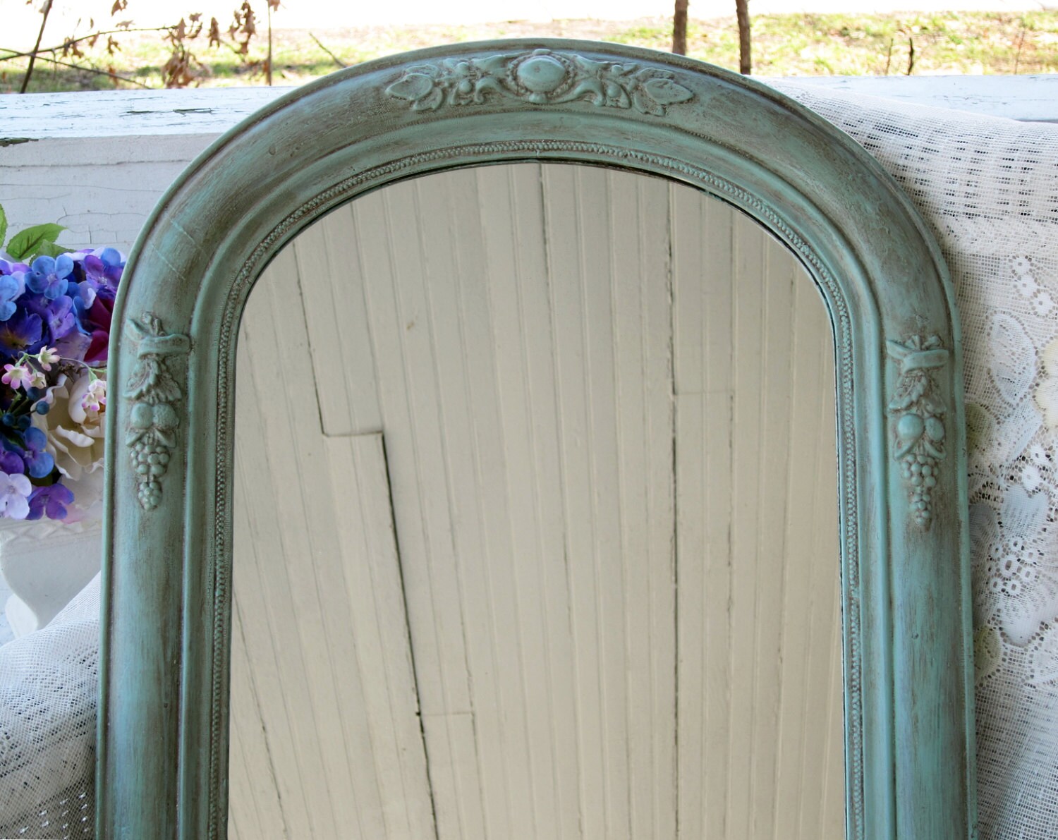 Old Farmhouse Wall Mirror Wood Frame Carved Ornament Shabby