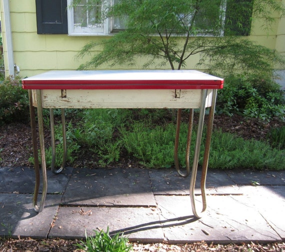 Antique Art Deco Red and White Porcelain Enamel Top Kitchen Table Chrome Hairpin Legs Two Extension Leaves Store Inside
